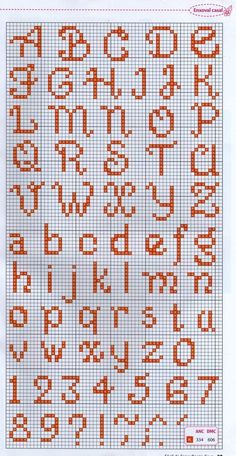 a cross stitch pattern with the letters and numbers in red, white and orange colors