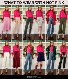 What Colors To Wear With Hot Pink - Merrick's Art Colors That Go With Hot Pink Clothes, Colourful Workwear, Pink Color Combinations Outfit, Hot Pink Pants Outfit, Pink Capsule Wardrobe, Pink Top Outfit, Pink Shirt Outfit, Hot Pink Outfit, Hot Pink Pants