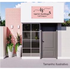 a pink building with two potted plants in front of it and the words tamanoo illustrated below