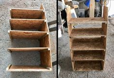 two wooden shelves sitting next to each other on top of a carpeted floor,