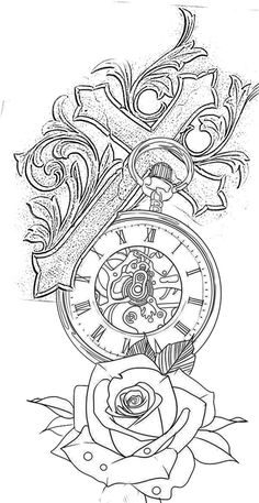 rose clock tattoo stencil Clock And Rose Tattoo, Half Sleeve Tattoos Sketches, Dollar Tattoo, Couple Tat, Clock Drawings, Nature Tattoo Sleeve, Tiger Tattoo Design, Chicano Tattoos, Cross Tattoo Designs