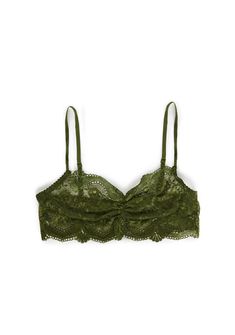 This bralette has a sheer floral lace construction, ruching, a picot trim, and adjustable shoulder straps. Lacy Bralettes, Current Mood Clothing, Green Bra, Bra Lace, Current Mood, Lace Bralette, Lace Bra, Sheer Lace, Exclusive Collection