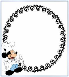 mickey mouse with a chef's hat and apron in front of a circular frame