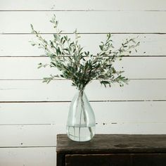 a vase filled with green leaves on top of a wooden table next to a white wall