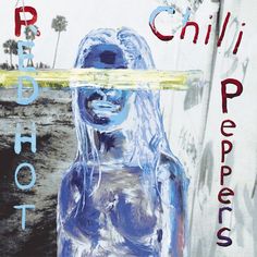 a painting of a woman holding a surfboard in front of palm trees and the words red hot chili peppers by an ugly chilli pepper sign