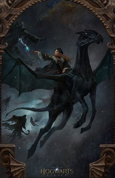 a woman riding on the back of a black horse next to a giant dragon in front of a dark sky