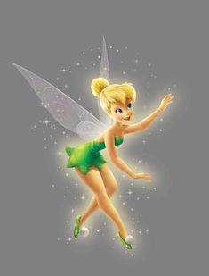 the tinkerbell fairy is flying through the sky with her green dress and green shoes