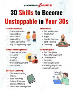 an info poster with the words 30 skills to become unstoppable in your 30s