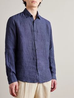 Founded in 1860, Sunspel channels years of fabric know-how into every garment. This shirt is tailored from linen that's naturally lightweight and breathable, so it's perfect for balmy weather. Wear it under a casual blazer or with swim shorts and sandals. Blue Linen Shirt, Linen Shirt Men, Weather Wear, Wardrobe Edit, Luxury Sneakers, Stylish Watches, Plain Shirts, Loungewear Shorts, Casual Blazer