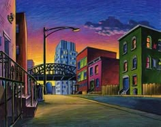 a drawing of a city street at night with buildings and a bridge in the background