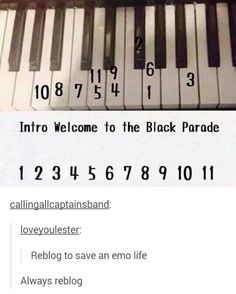 an image of a piano keyboard with the words welcome to the black parade