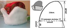 an image of a santa hat with measurements for the top and bottom part, as well as details on how to sew it