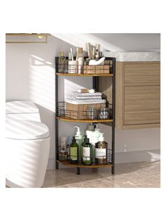 a bathroom with a toilet and shelving unit