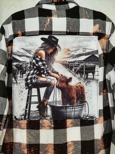 - Large Men's size - Bleach effect added. Flannel shirts are brand new and washed twice. - Cowgirl print - Color of the shirt as pictured - Size up to be worn a little bigger as a shacket. - Shirt is brand new with a custom-made patch...one of a kind!  Both shirt and patch are prewashed (handmade detergent) and tumble-dried to reduce future shrinking.  *Keep in mind that after being washed and dried, the shirt shrinks almost one size* - If you are looking for a more comfortable fit, I would high Diy T Shirt Ideas, Bleaching A Flannel Shirt, Mens Flannel Shirt Refashion, How To Bleach Flannel Shirts Plaid, Bleached Flannel Shirts With Designs, Artistic Clothes, Western Flannel, Reworked Flannel