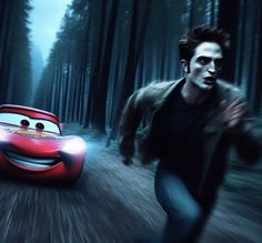 the character from disney's cars is running in the woods