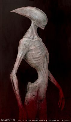 an alien is standing in the dark with blood on it's face and legs