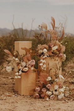 two wooden blocks with flowers on them in the middle of dirt and plants growing out of them