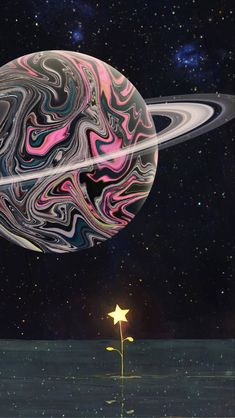 an artist's rendering of the planet saturn with its rings and stars in the background