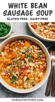 white bean sausage soup in a bowl with spoons and parsley on the side