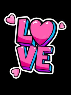 the word love written in pink and blue on a black background with hearts around it