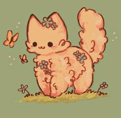 a drawing of a cat with flowers on it's tail and a butterfly in the background