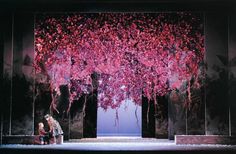 two people sitting on a bench in front of a tree with pink flowers and leaves