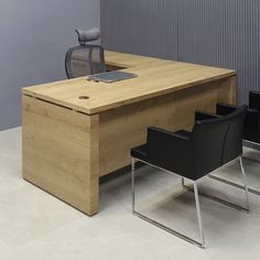 an office desk with two chairs next to it