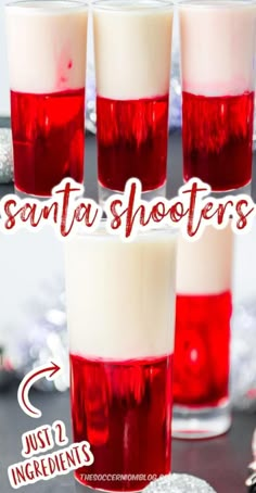 A festive and easy holiday drink, these Tipsy Santa Shooters will have you feeling jolly in no time! Made with two simple ingredients! Christmas Shooters, Easy Holiday Drinks, Festive Holiday Drinks, Christmas Drinks Alcohol Recipes, Xmas Drinks, Christmas Party Drinks, Christmas Drinks Recipes, Christmas Shots