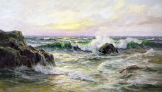 an oil painting of waves crashing on rocks