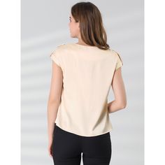 This blouse offers perfect office wear for warm weather. Cut to a fitted shape with the cap-sleeve design, just providing elegant details for the blouse. This blouse would be equally styled well with A-line skirts or skinny jeans with high heels. Designed in a fluid, flowing silky fabric that drapes beautifully around the body. Cap sleeves add some flare to your everyday look. Casual Beige Office Top, Beige V-neck Top For Work, Casual Beige Blouse For Office, Casual Beige Office Blouse, Beige V-neck Top For Office, Chic Tops With Back Button Closure For Work, Beige Office Lady Tops, Solid Padded Blouse Tops For Workwear, Office V-neck Padded Blouse