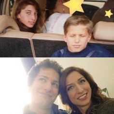 two pictures one with a woman and the other with a boy looking up at stars