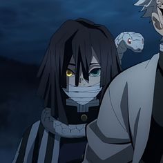 two anime characters are standing in front of a dark background, one is wearing a mask