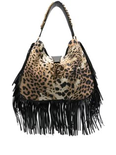 animalier brown/black all-over jaguar skin print open top foldover top with magnetic fastening monogram RC detail fringe detailing leather and chain-link top handle main compartment internal zip-fastening pocket full lining Fringe Clothing, Leather Feathers, Jaguar Print, Fringe Bags, Iconic Bags, Demi Fine Jewelry, Fine Earrings, Ballet Flat Shoes