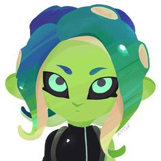 a cartoon character with green hair and blue eyes, wearing a black top is looking at the camera