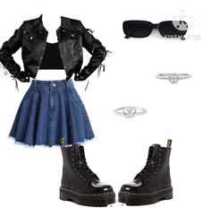 Me siga para mais Rock Concert Dress Outfit, Black And Blue Outfit Aesthetic, Rocker Gf Outfits, Punk Outfits Polyvore, Metal Show Outfit, Outfits For Concerts, Band Outfits, Looks Black, Alternative Outfits