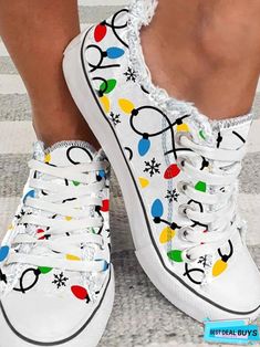 Colorful Print Lace-Up Canvas Shoes Christmas Shoes, Snowflake Design, Chic Type, Casual Heels, Gym Shoes, Round Toe Heels