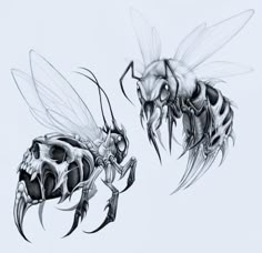 two drawings of bees flying next to each other