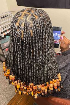 Shoulder-Length Black Knotless Braids with Orange Beads for Thick Hair Braid Ideas With Beads, Knotless Braid Ideas, Ideas With Beads, Knotless Braid, Bob Braids Hairstyles, Hair Color Orange