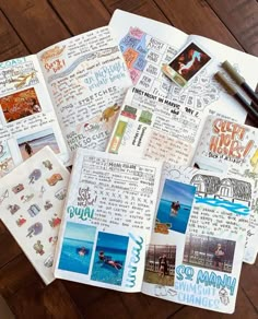 several pieces of paper that have been placed on top of each other with writing and pictures all over them