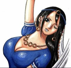 a drawing of a woman in blue dress with her arms up and hands behind her head