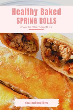 healthy baked spring rolls on a plate with text overlay