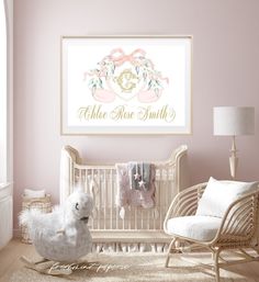 a baby's room with pink walls and white furniture