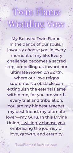 a poem written in purple with the words twin flame wedding vows