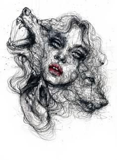 a drawing of a woman's face with her hair blowing in the wind and an animal