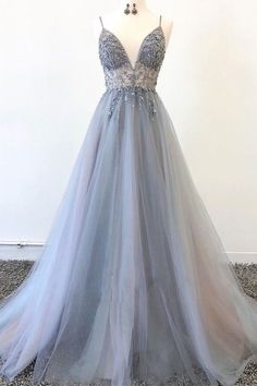 Grey Evening Dresses, Popular Prom Dresses, Grey Prom Dress, Sparkly Prom Dresses, Prom 2020, Tulle Evening Dress, Prom Dress Ideas, Beaded Prom Dress, Cute Prom Dresses