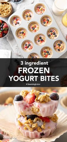 three ingredient frozen yogurt bites are stacked on top of each other and ready to be eaten