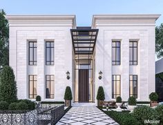 an artist's rendering of the front entrance to a large white building