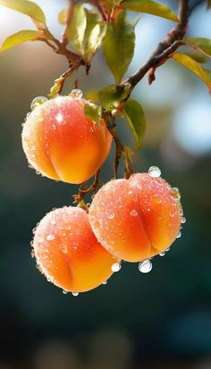 three peaches hanging from a tree with water droplets on them