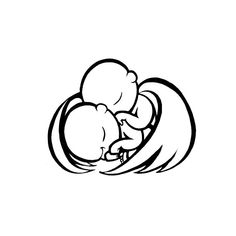 a black and white drawing of a baby sleeping on top of it's mother