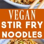 vegan stir fry noodles on a plate with chopsticks